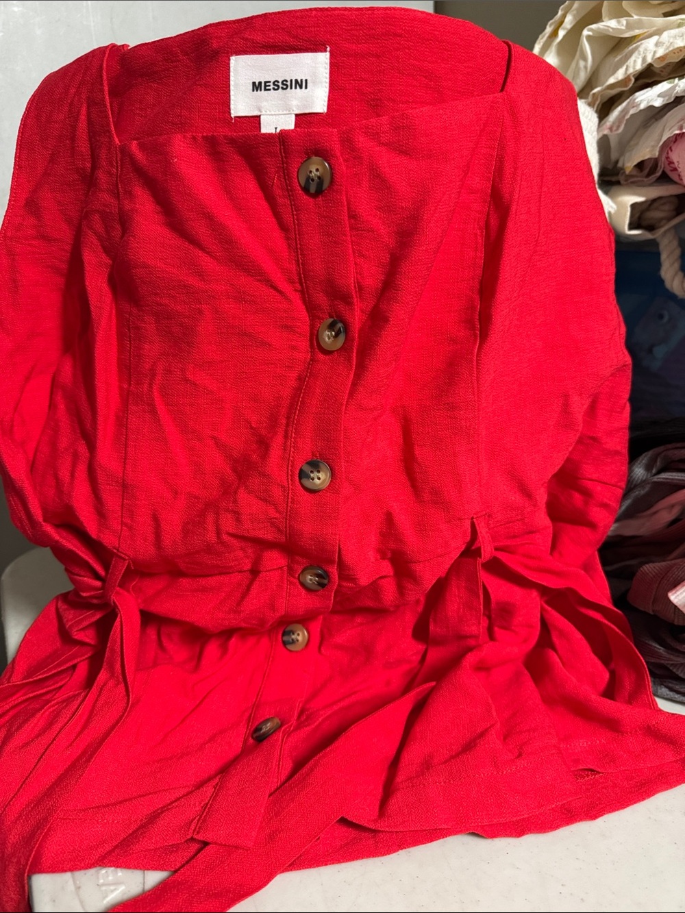 Red Button-Front Womenās shirt